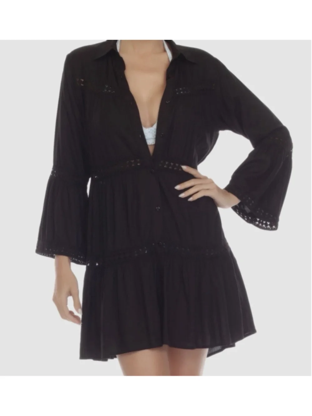 Raviya Women's Black Lace-Inset Button Front Cover-Up Swimwear Dress Size M